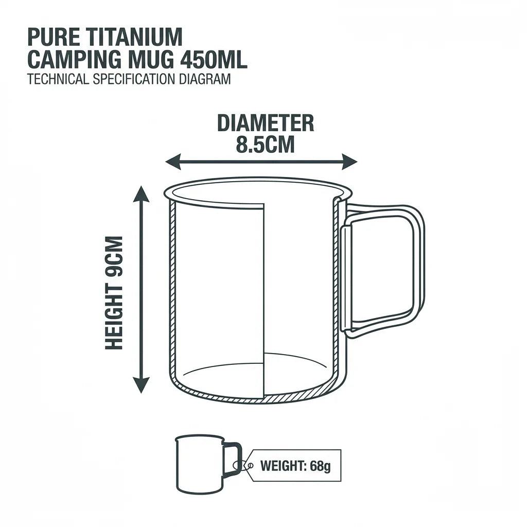 Titanium mug dimension spec diagram showing height width weight