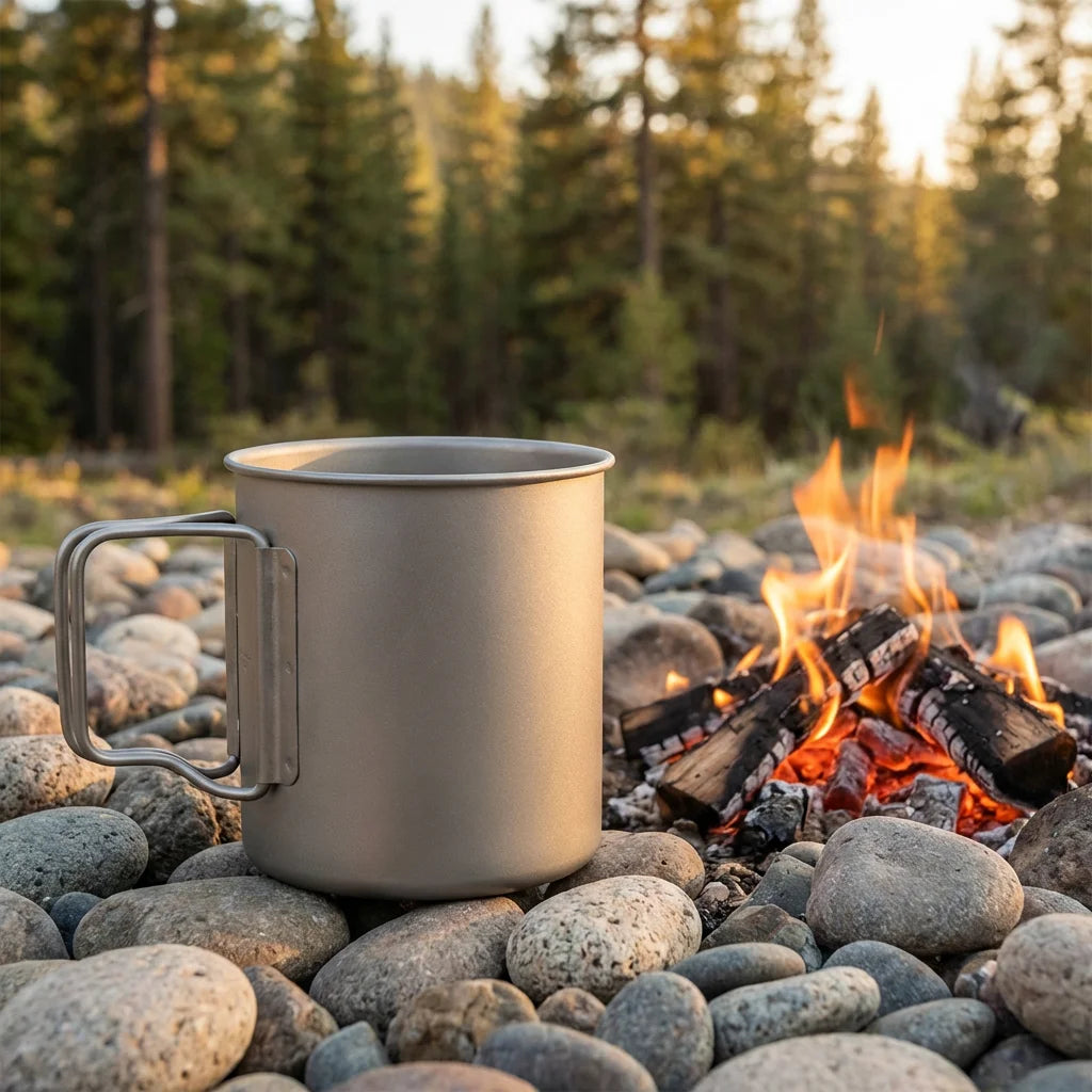 Ultralight titanium camping mug with foldable wire handles