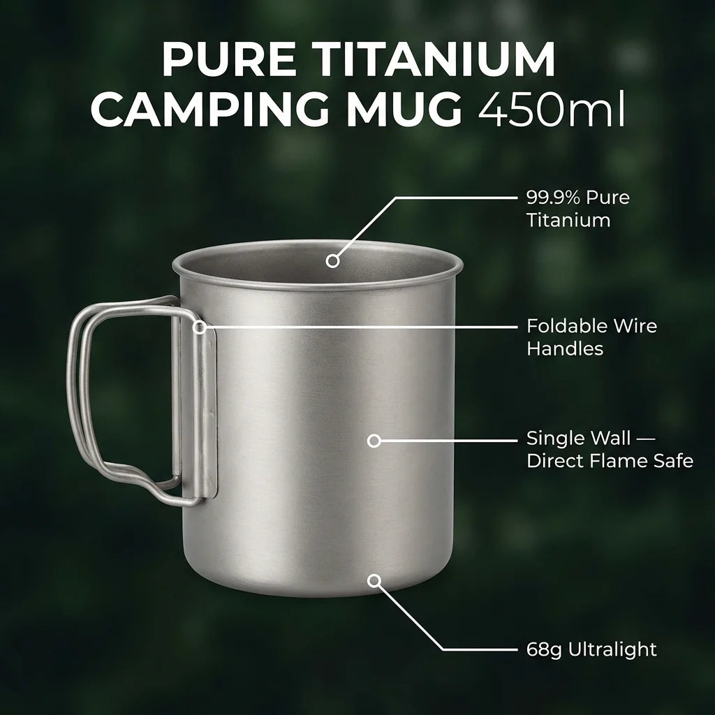 Titanium camping mug feature annotation callout poster