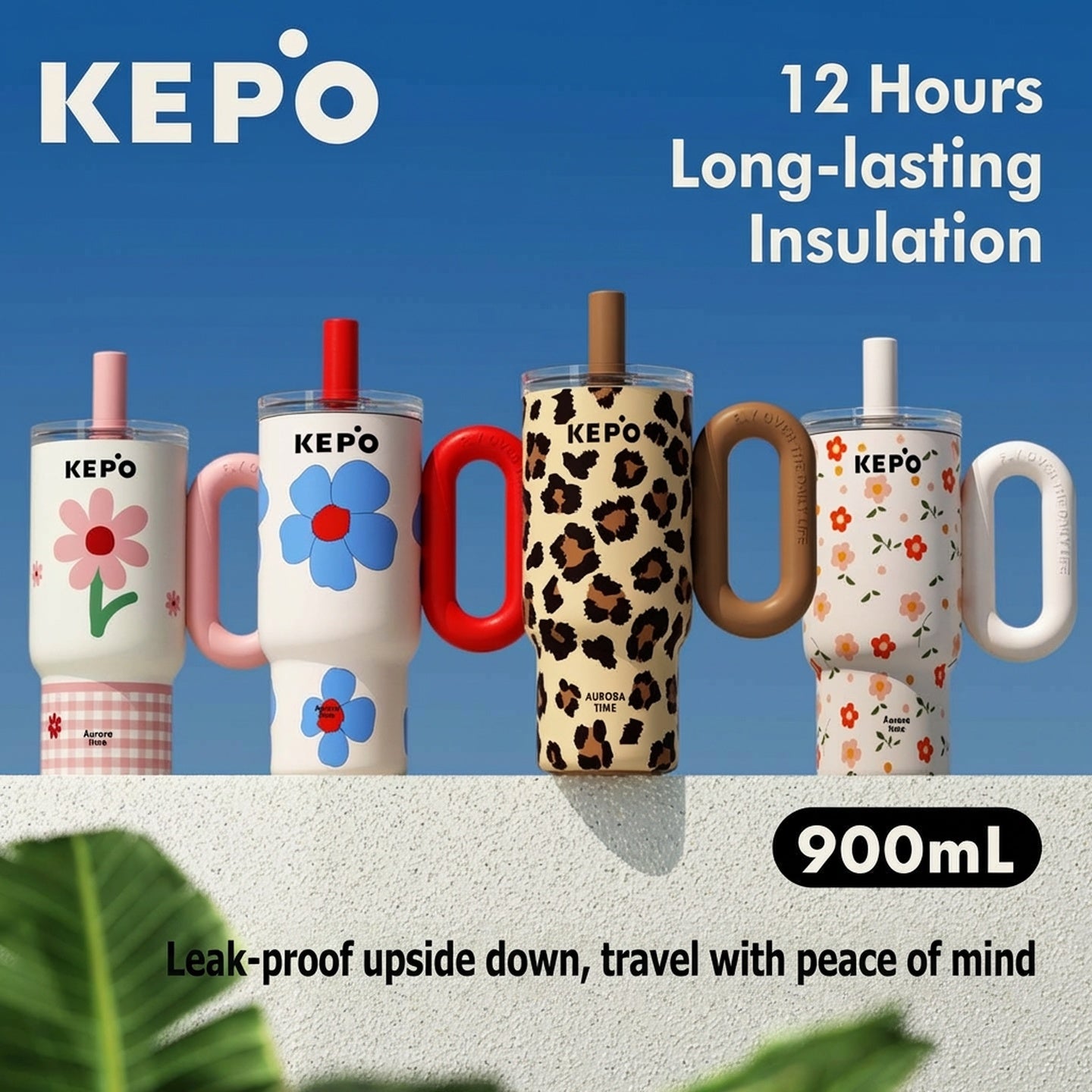 KEPO 900ml Insulated Tumbler with Handle & Straw | Floral Art Series | Leak-Proof Travel Cup