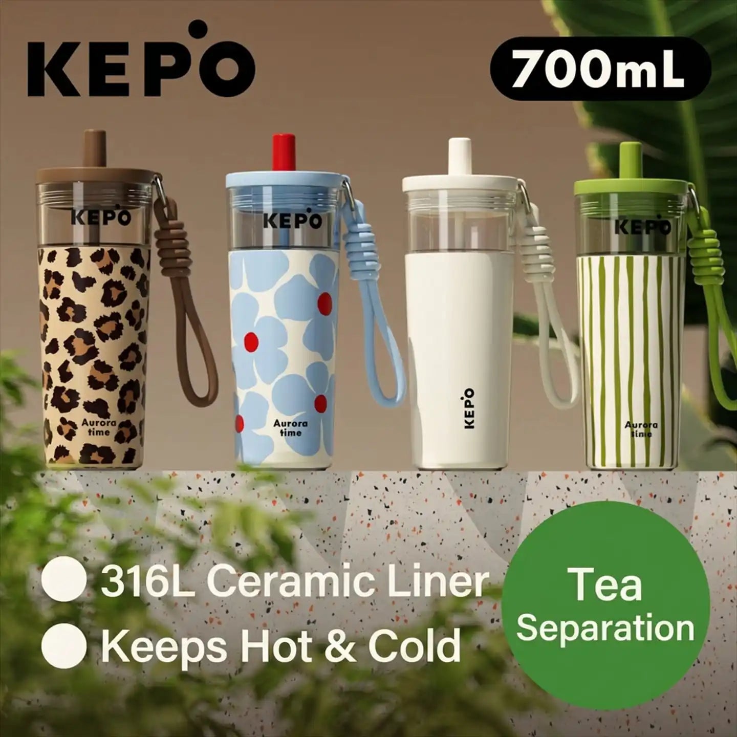 KEPO 700ml Tea Infuser Straw Tumbler | Detachable Tea Filter | 316L Liner | Leak-Proof with Lanyard