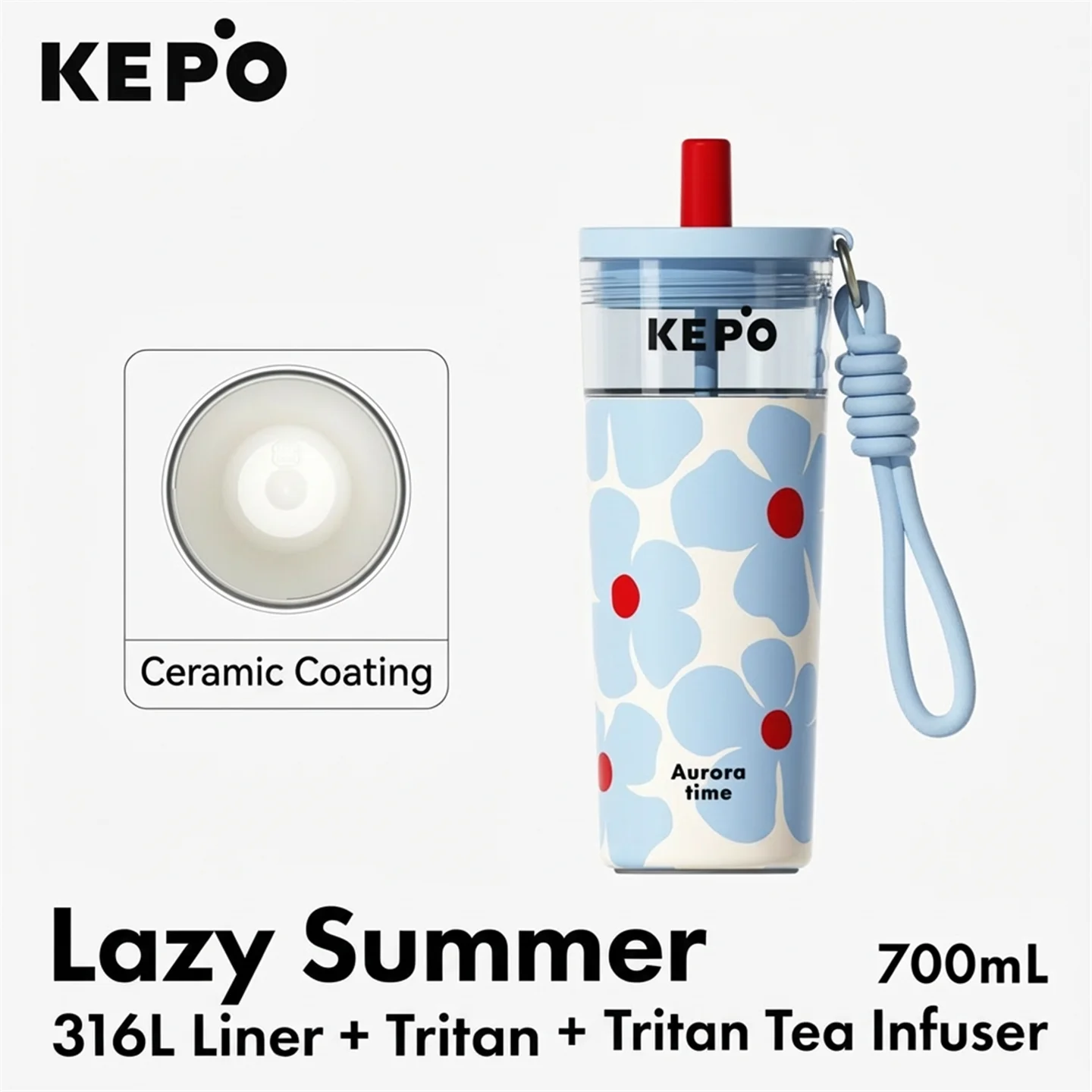 KEPO 700ml Tea Infuser Straw Tumbler | Detachable Tea Filter | 316L Liner | Leak-Proof with Lanyard