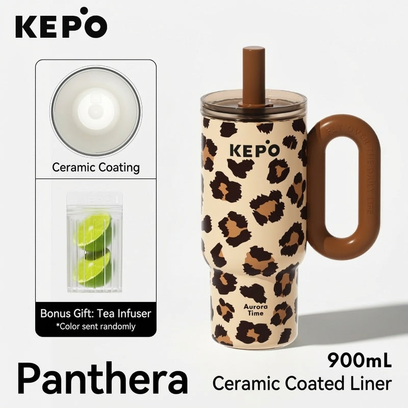 KEPO 900ml Insulated Tumbler with Handle & Straw | Floral Art Series | Leak-Proof Travel Cup