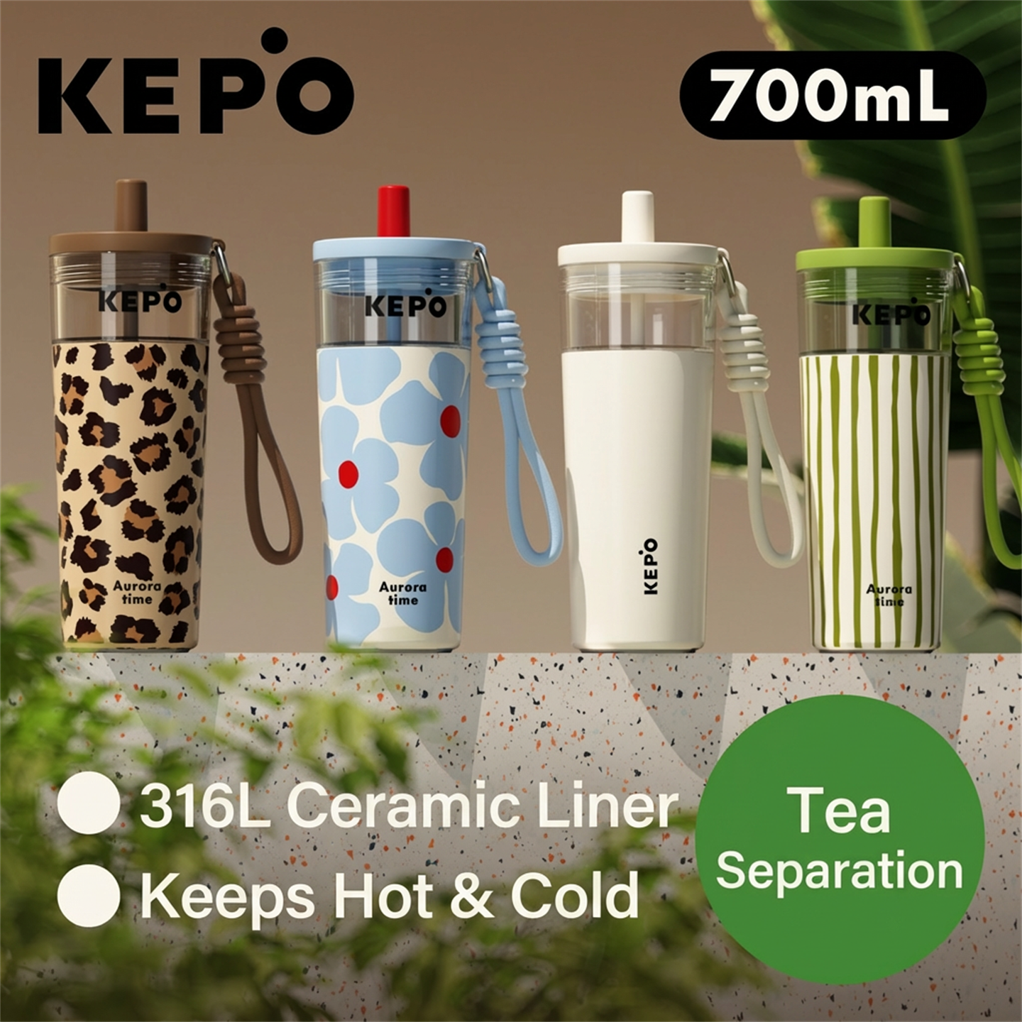 KEPO 700ml Tea-Water Separation Straw Cup | 316L Stainless Steel | Filter Included