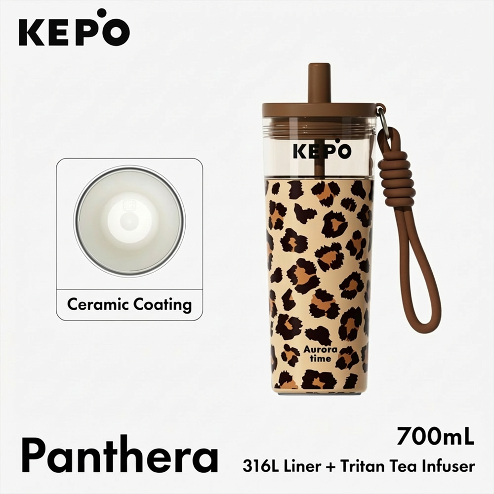 KEPO 700ml Tea-Water Separation Straw Cup | 316L Stainless Steel | Filter Included