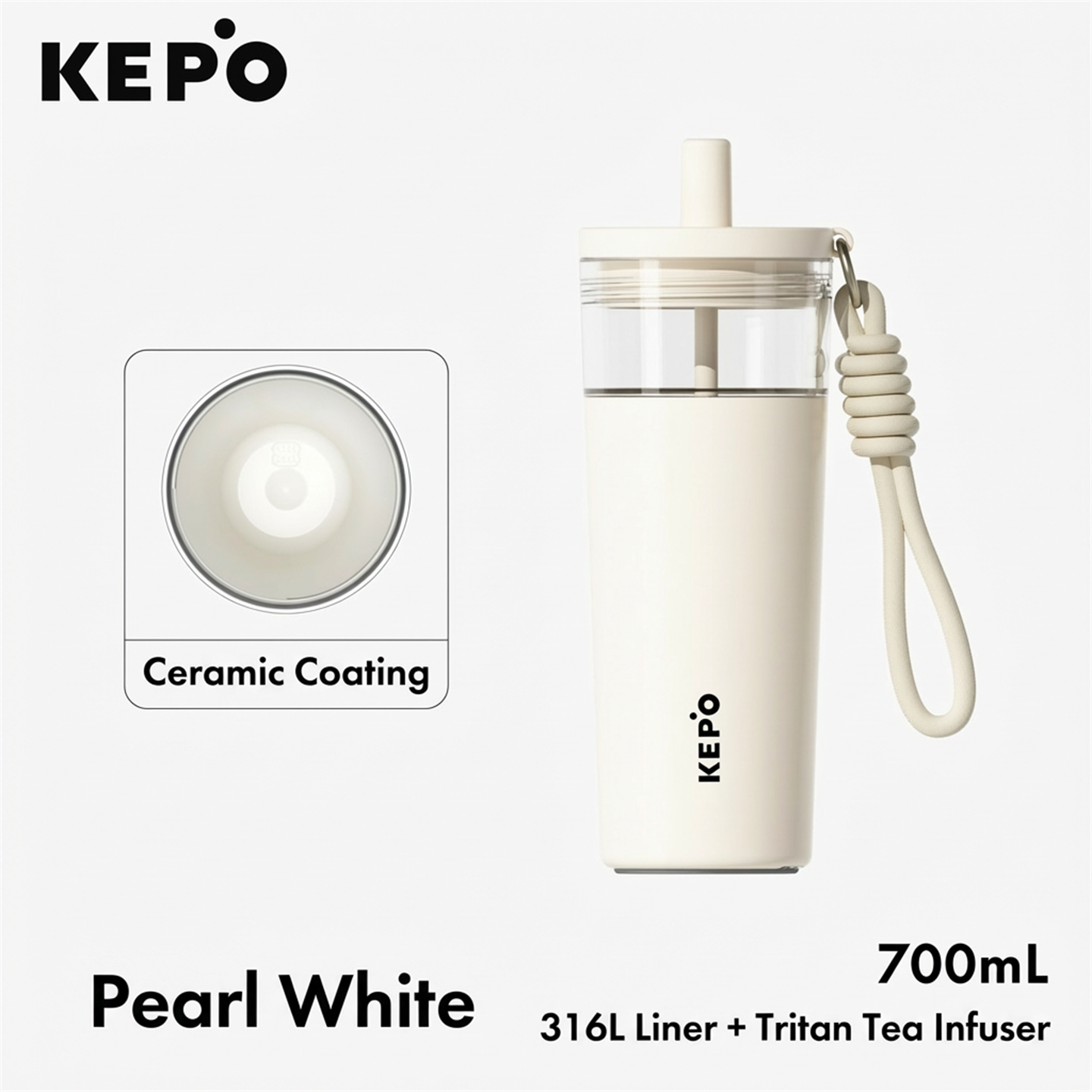 KEPO 700ml Tea-Water Separation Straw Cup | 316L Stainless Steel | Filter Included